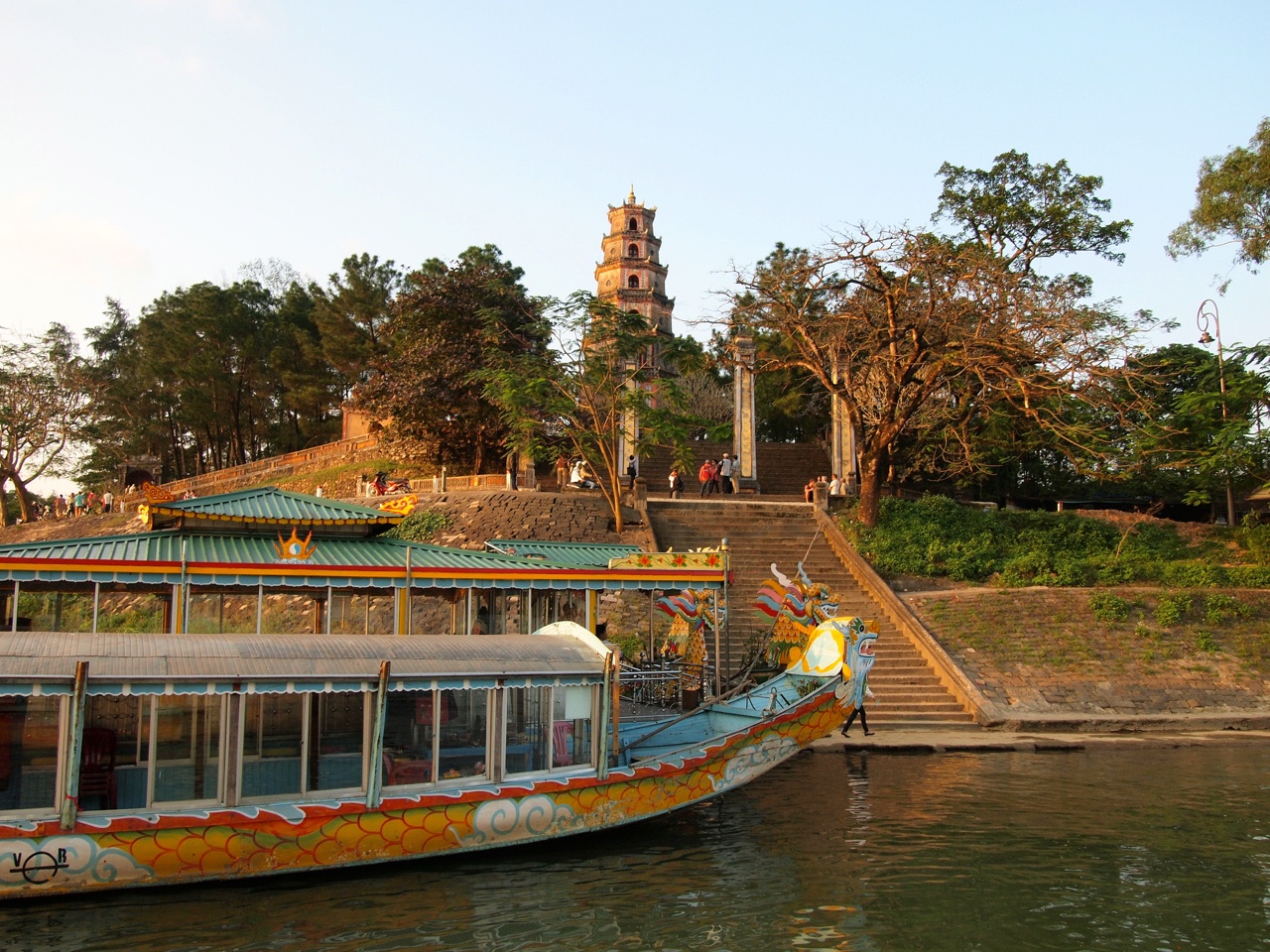 Dragon boats at Thien Mu Pagoda in Hue, Vietnam