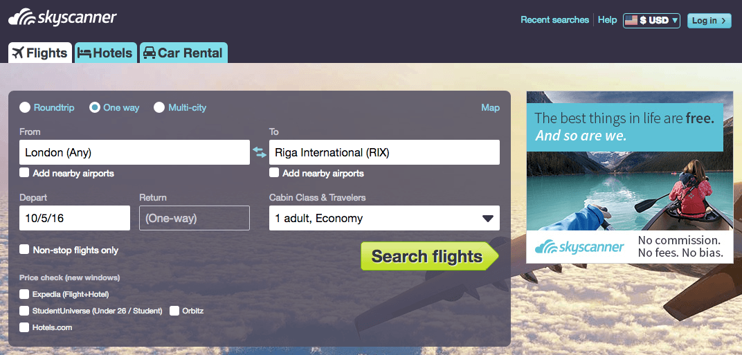 Using Skyscanner to search for travel