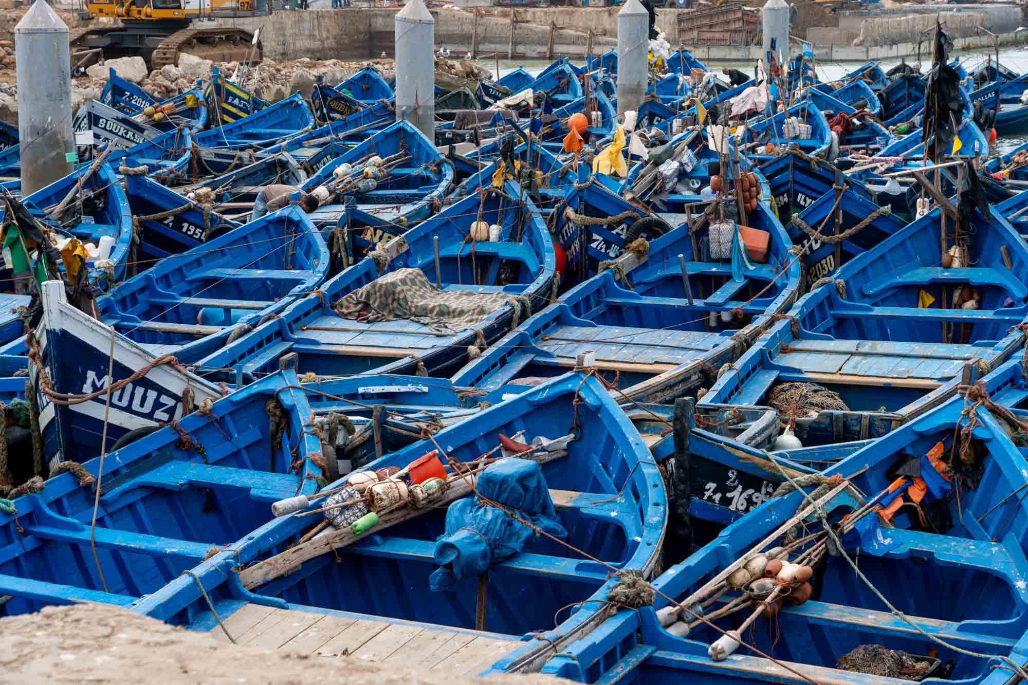 Blue fishing boats in Essaouira, Morocco