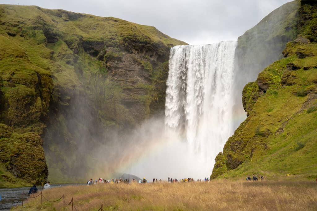 Skogafoss waterfall with a slight rainbow