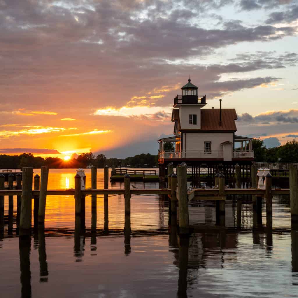 Sunset near a lighthouse in Edenton, NC