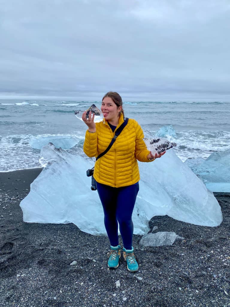 Amanda licking a chunk of ice at Diamond Beach