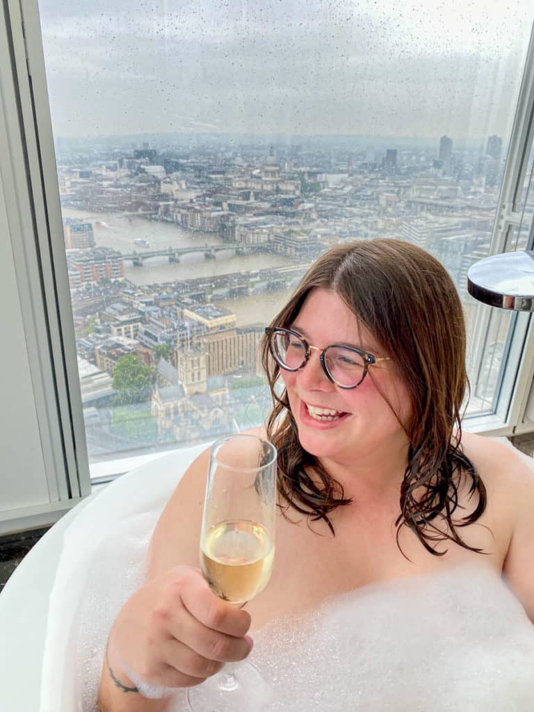 Amanda taking a bubble bath at Shangri-La the Shard