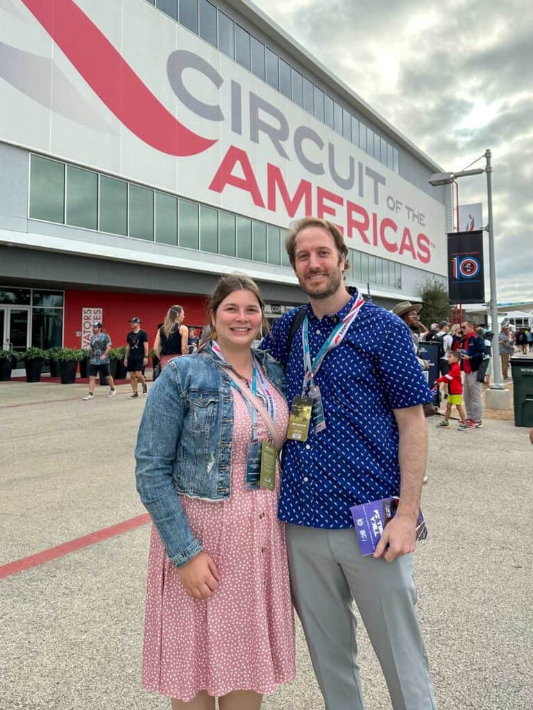 Amanda and Elliot outside the Circuit of the Americas