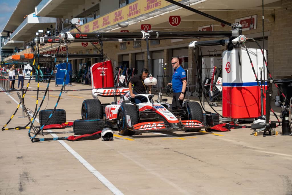 Haas F1 car seen during a pit lane walk at COTA in Austin