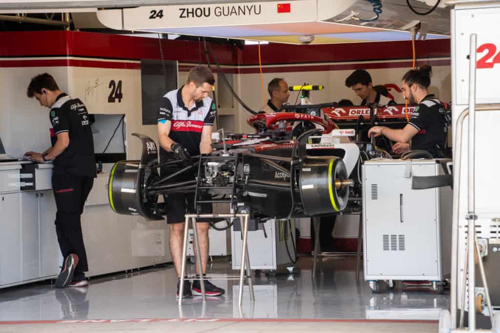 Alpha Romeo car in the garage at COTA