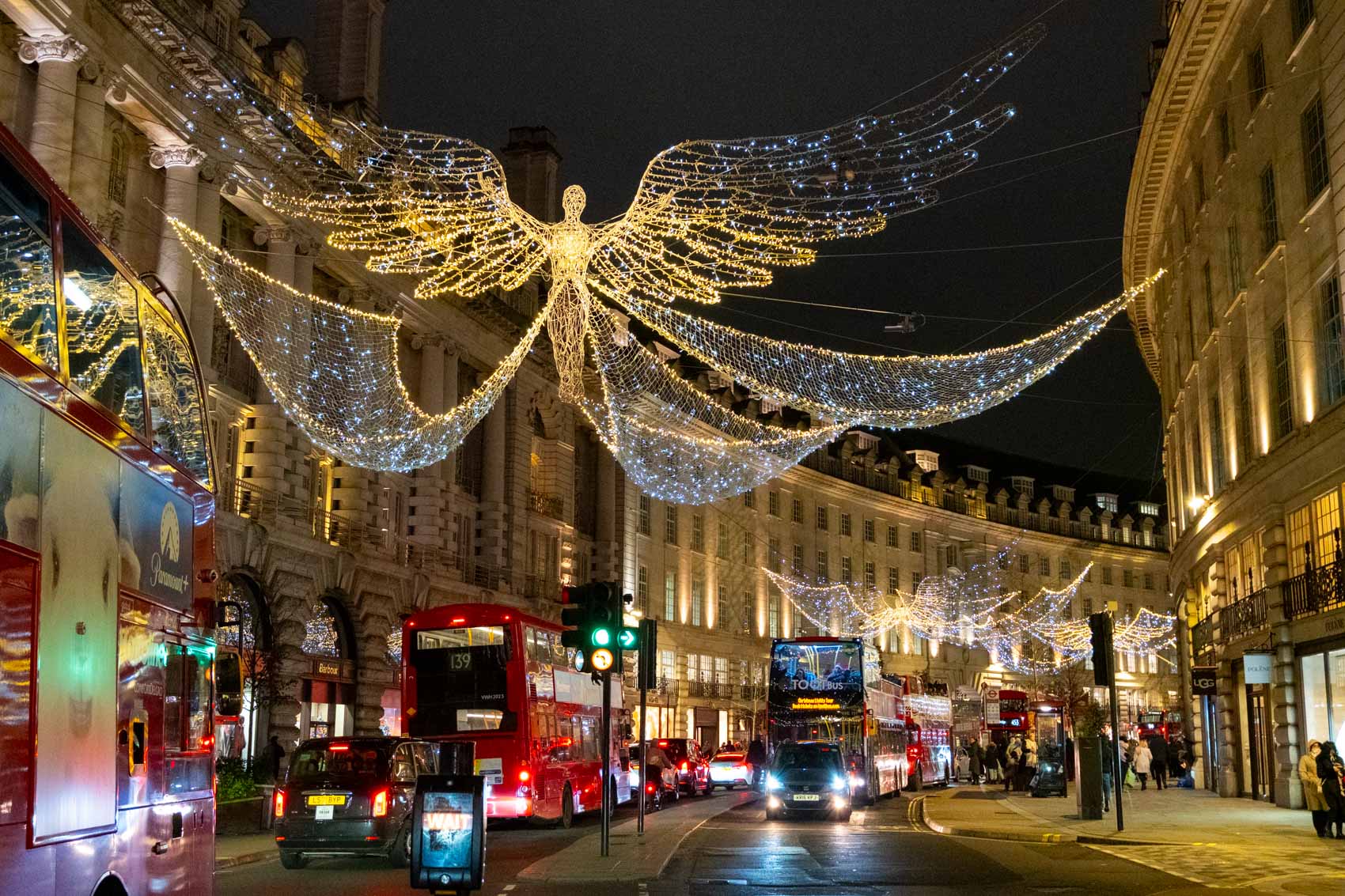 Lighted angels on Regent Street in London at Christmas