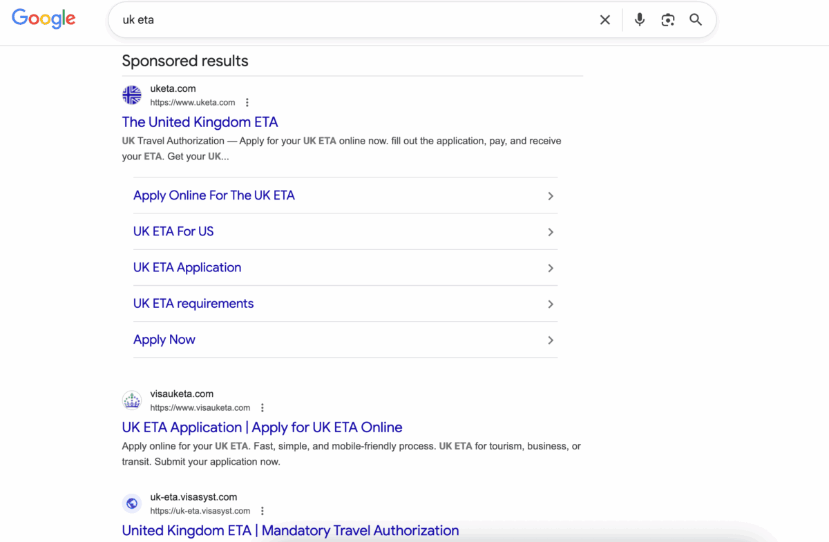 UK ETA search results