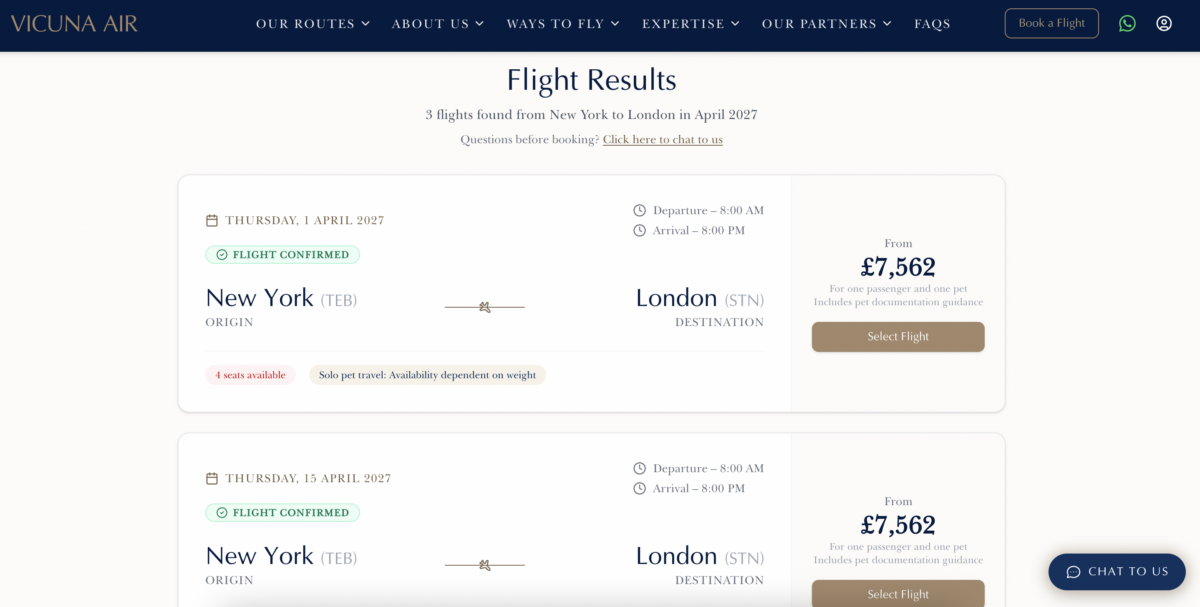 Vicuna Air pet flight booking page
